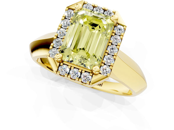 Yellow gold Fancy Yellow Emerald  Cut Halo Solitaire Engagement Ring with Square Band and Four-Prong Setting