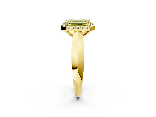 Yellow gold Fancy Yellow Emerald  Cut Halo Solitaire Engagement Ring with Square Band and Four-Prong Setting