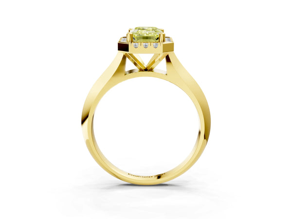 Yellow gold Fancy Yellow Emerald  Cut Halo Solitaire Engagement Ring with Square Band and Four-Prong Setting