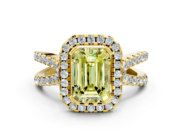 Yellow Gold Emerald Cut Halo Split Shank Engagement Ring Setting for Fancy Yellow Center