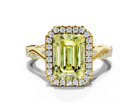 Yellow gold Fancy Yellow Emerald Cut Halo Twist Band with Four-Prong Setting_12