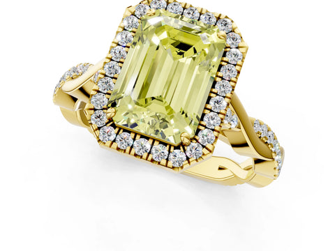 Yellow gold Fancy Yellow Emerald Cut Halo Twist Band with Four-Prong Setting_13