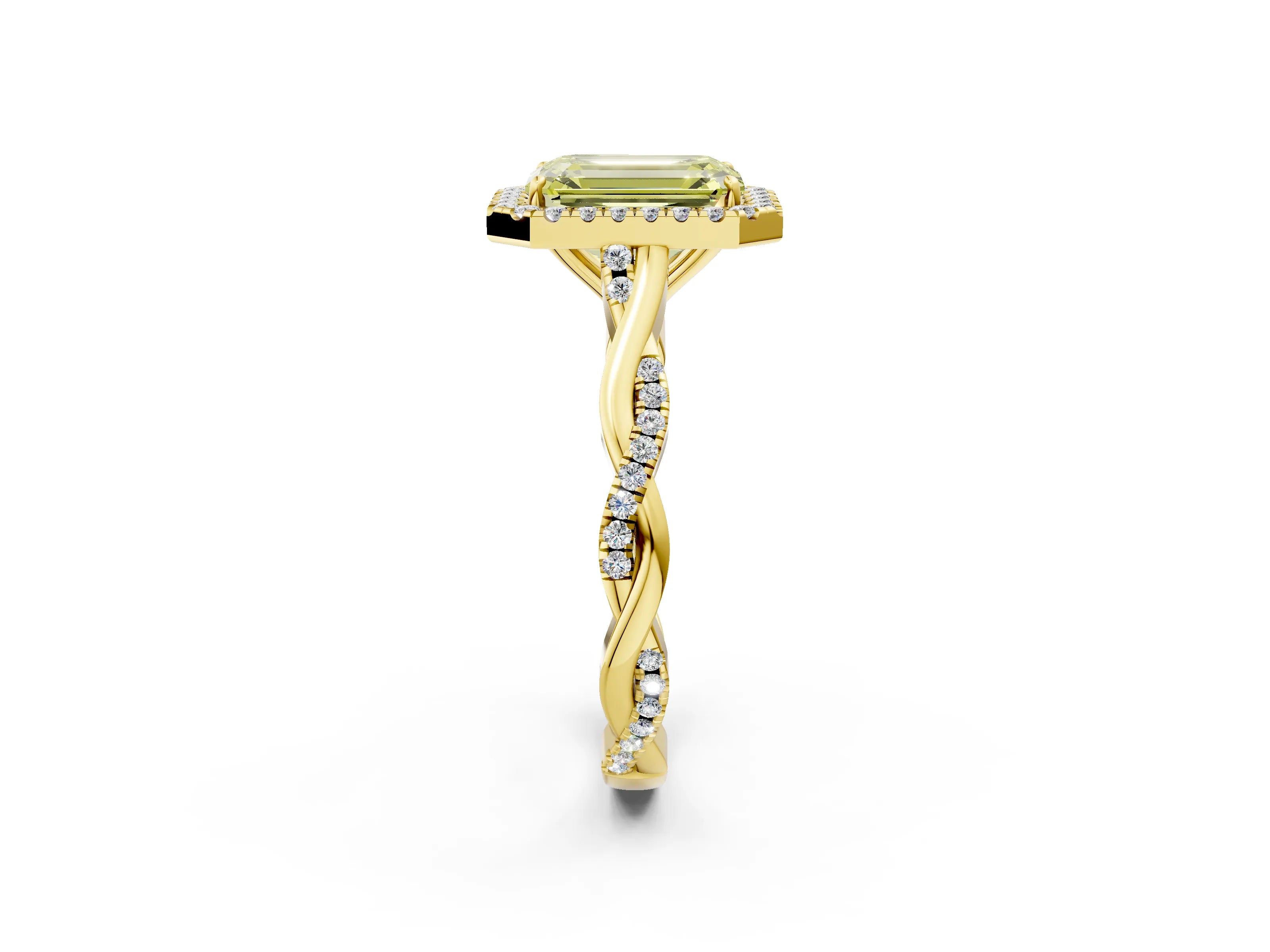 Yellow gold Fancy Yellow Emerald Cut Halo Twist Band with Four-Prong Setting_14