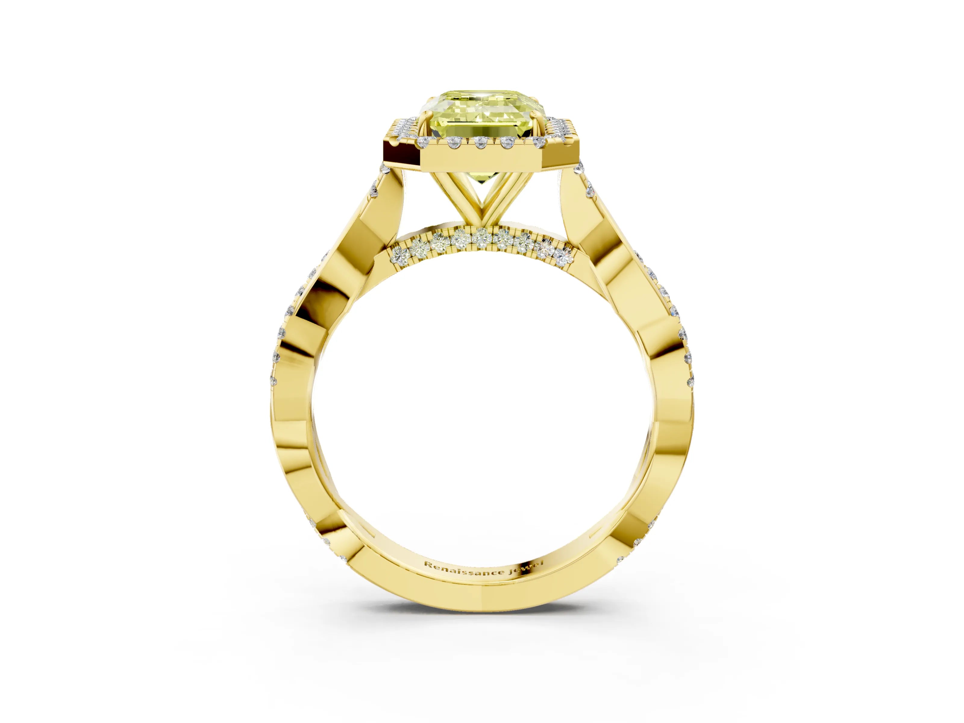Yellow gold Fancy Yellow Emerald Cut Halo Twist Band with Four-Prong Setting_15