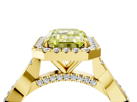 Yellow gold Fancy Yellow Emerald Cut Halo Twist Band with Four-Prong Setting_16
