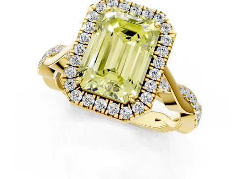 Yellow gold Fancy Yellow Emerald Cut Halo Twist Band with Four-Prong Setting_1