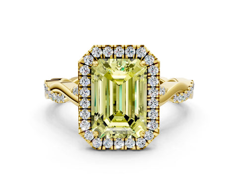 Yellow gold Fancy Yellow Emerald Cut Halo Twist Band with Four-Prong Setting