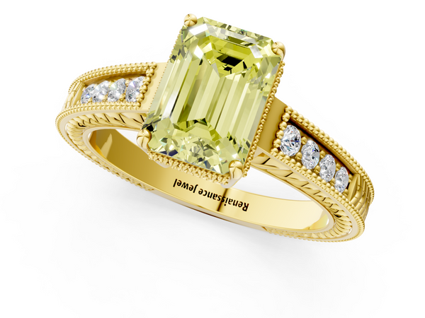 Yellow gold Fancy Yellow Emerald Cut Diamond Engagement Ring with Milgrain Channel Set Band and Prong Setting
