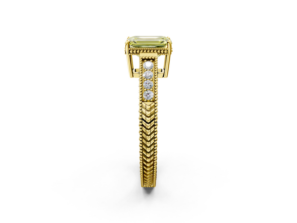 Yellow gold Fancy Yellow Emerald Cut Diamond Engagement Ring with Milgrain Channel Set Band and Prong Setting