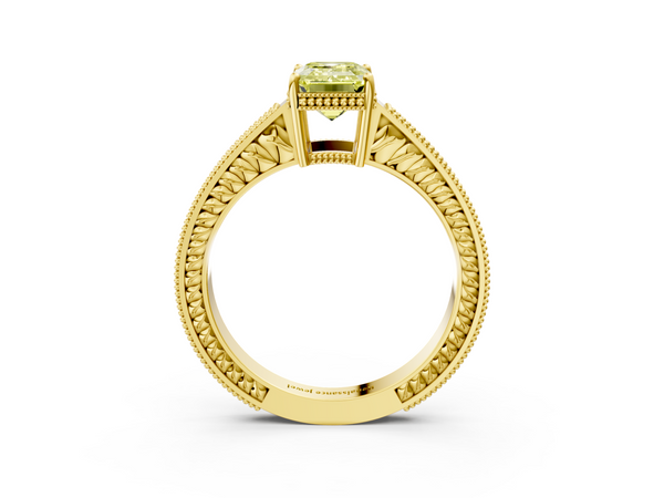 Yellow gold Fancy Yellow Emerald Cut Diamond Engagement Ring with Milgrain Channel Set Band and Prong Setting