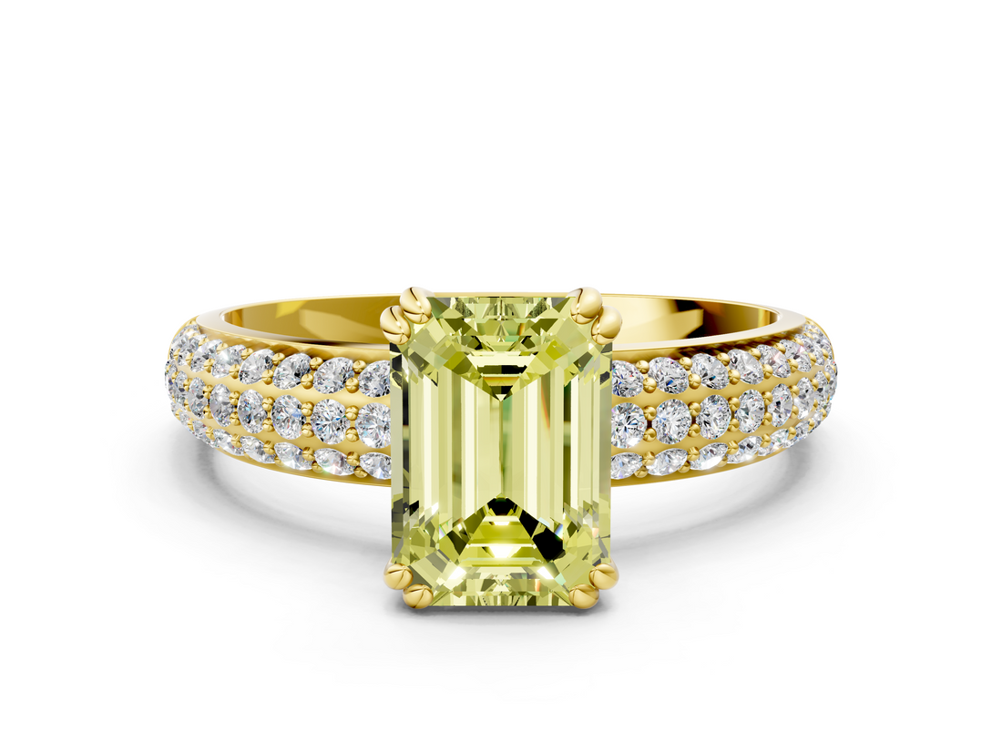 Yellow gold Fancy Yellow Emerald  Cut Pave Diamond Engagement Ring with Channel Set Band and Four-Prong Setting_20