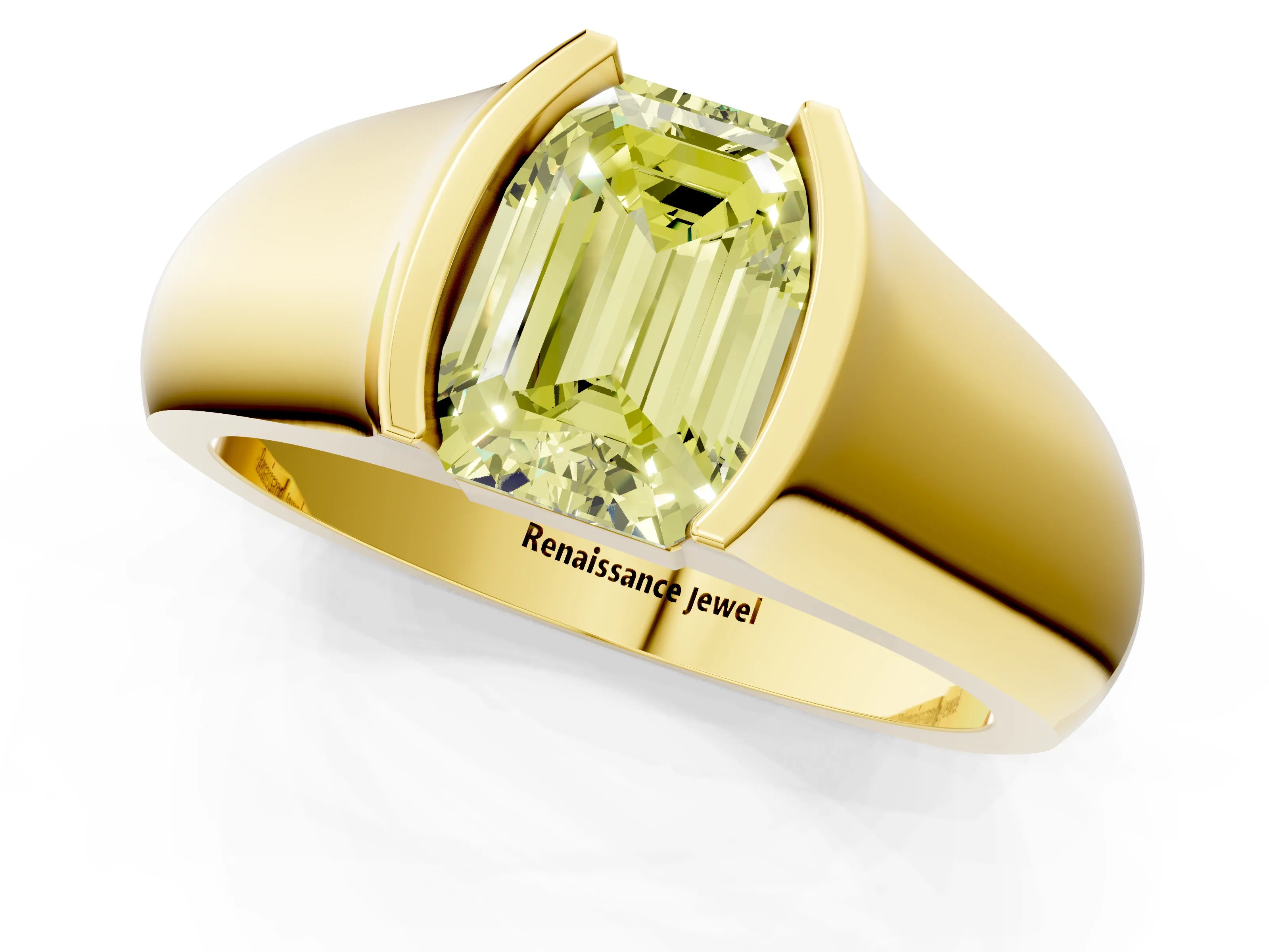 Yellow gold Fancy Yellow Emerald Cut Solitaire Bezel Set Diamond Ring with Wide Band_1