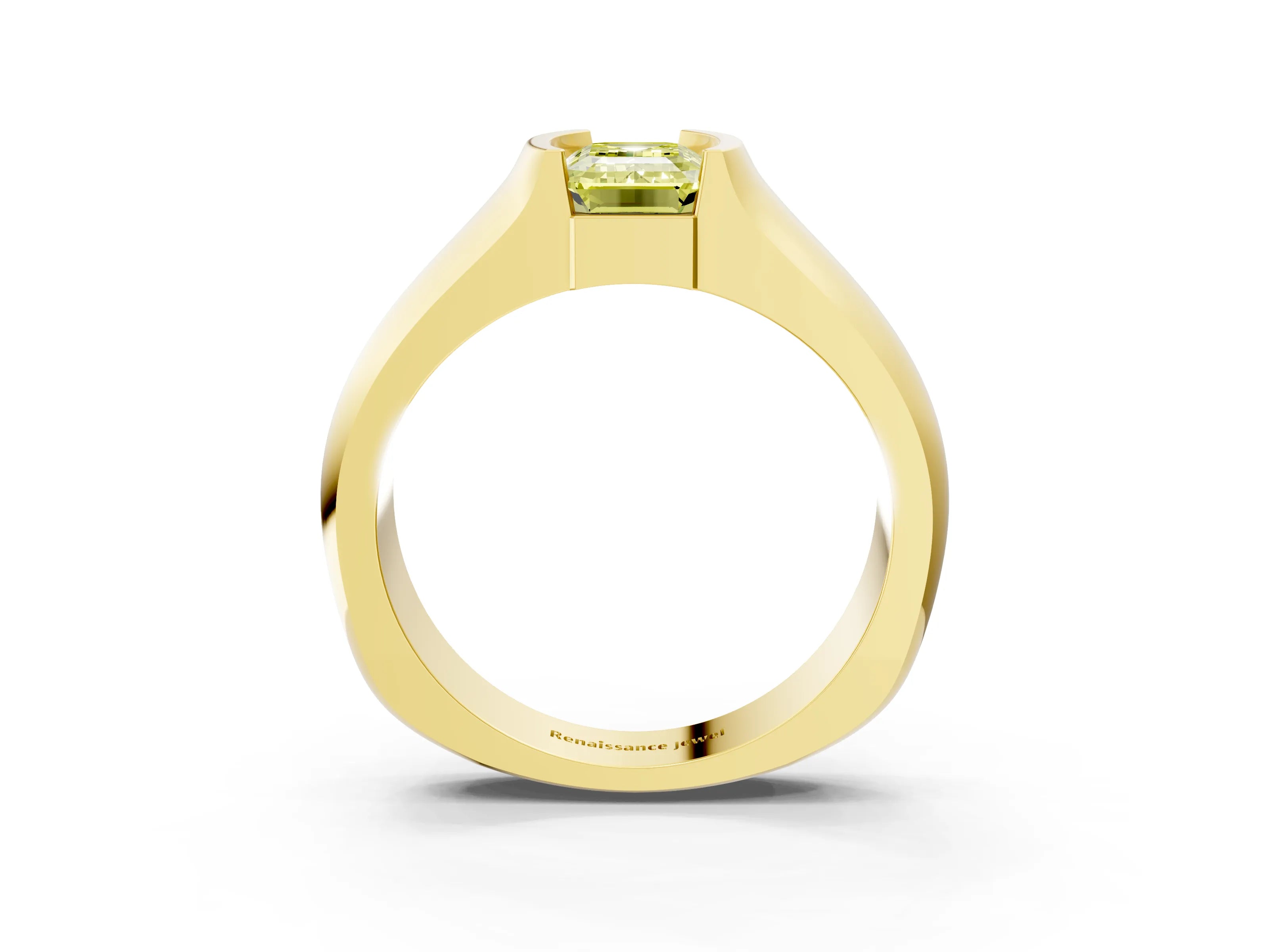 Yellow gold Fancy Yellow Emerald Cut Solitaire Bezel Set Diamond Ring with Wide Band_3
