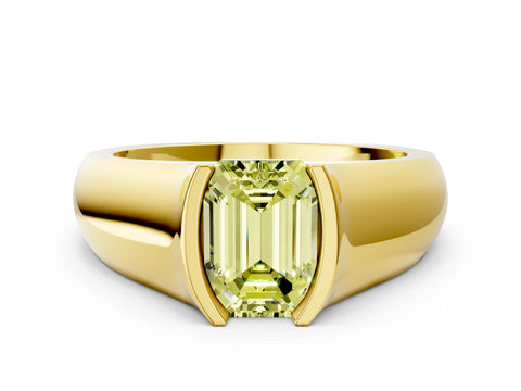Yellow gold Fancy Yellow Emerald Cut Solitaire Bezel Set Diamond Ring with Wide Band