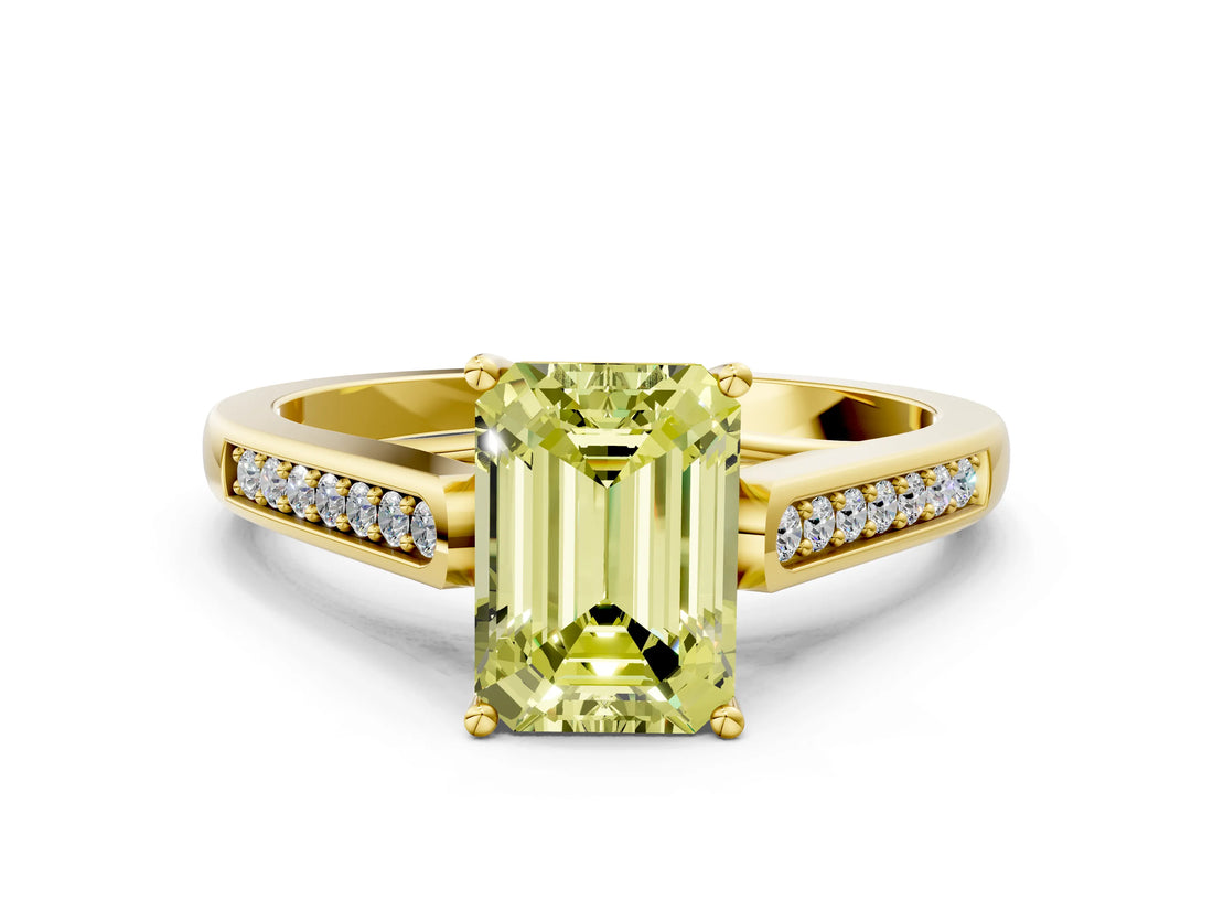 Yellow gold Fancy Yellow Emerald Cut Solitaire Cathedral Diamond Engagement Ring with Channel-Set Band and Four-Prong Setting_3