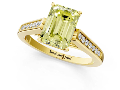 Yellow gold Fancy Yellow Emerald Cut Solitaire Cathedral Diamond Engagement Ring with Channel-Set Band and Four-Prong Setting_4