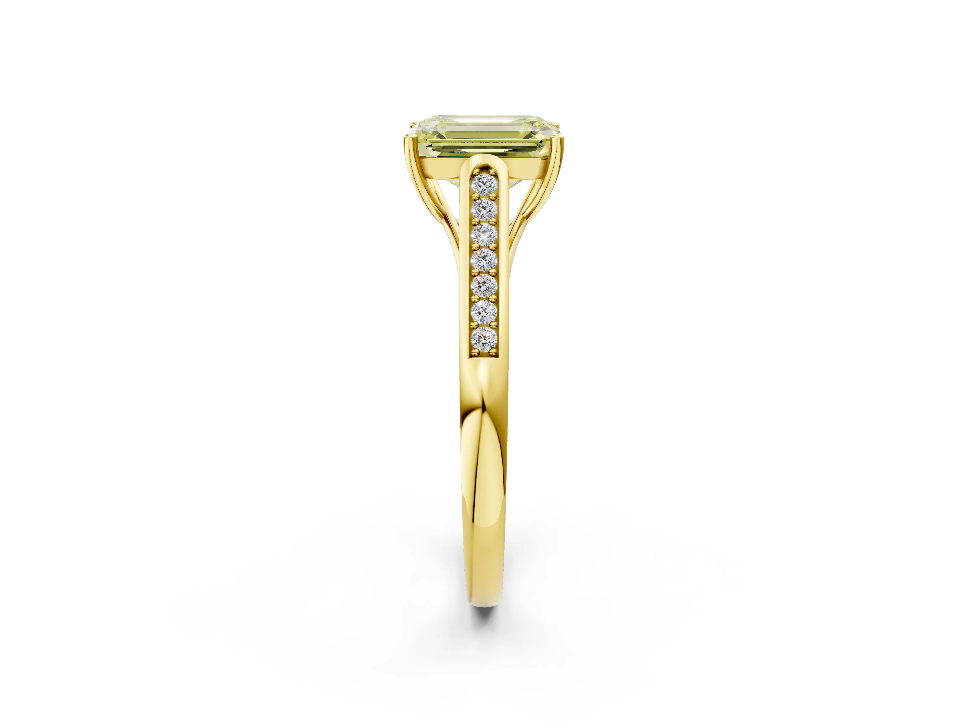 Yellow gold Fancy Yellow Emerald Cut Solitaire Cathedral Diamond Engagement Ring with Channel-Set Band and Four-Prong Setting_5