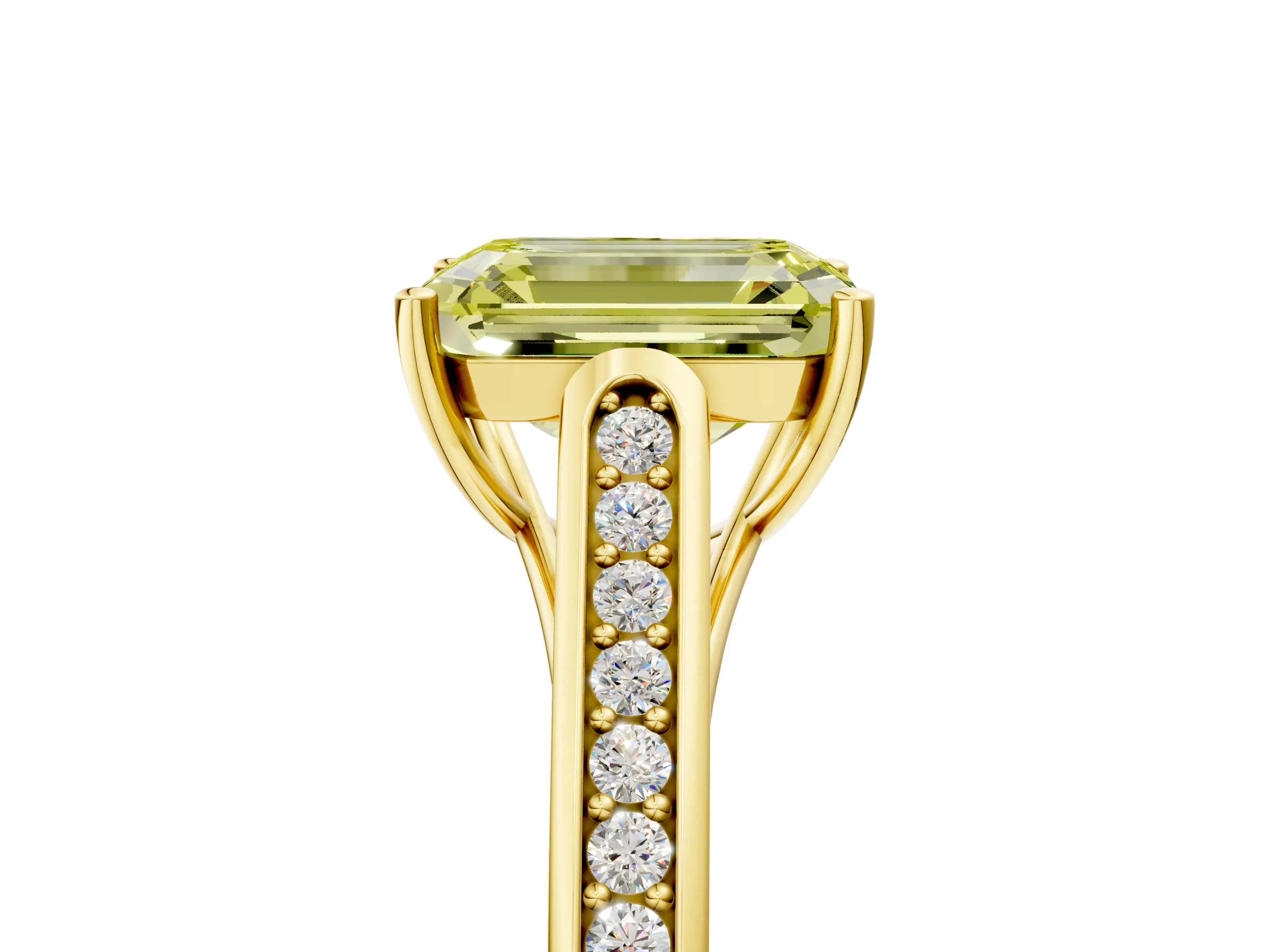 Yellow gold Fancy Yellow Emerald Cut Solitaire Cathedral Diamond Engagement Ring with Channel-Set Band and Four-Prong Setting_8