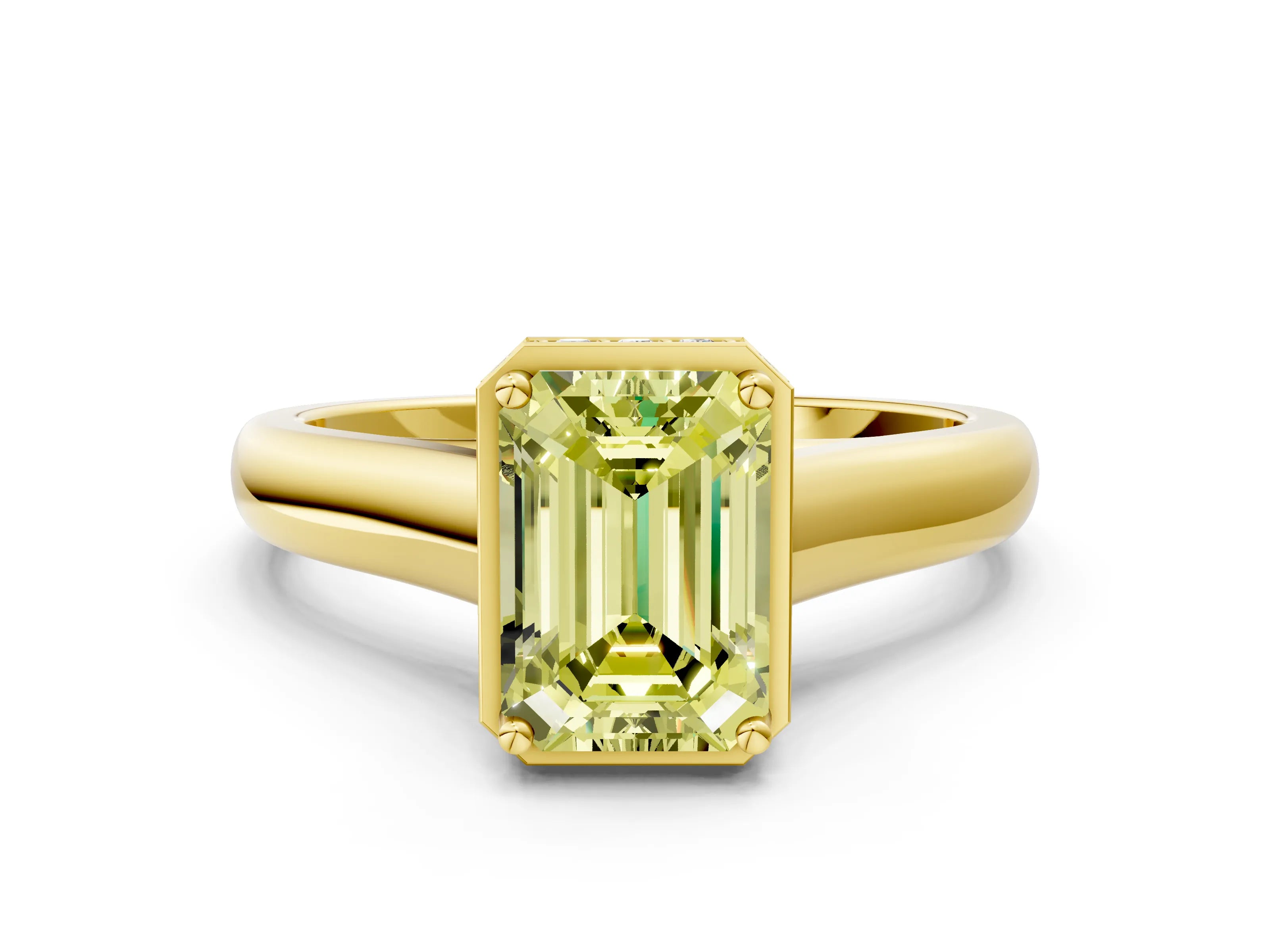 Yellow gold Fancy Yellow Emerald Cut Solitaire Diamond Engagement Ring with Four-Prong Setting and Tapered Band