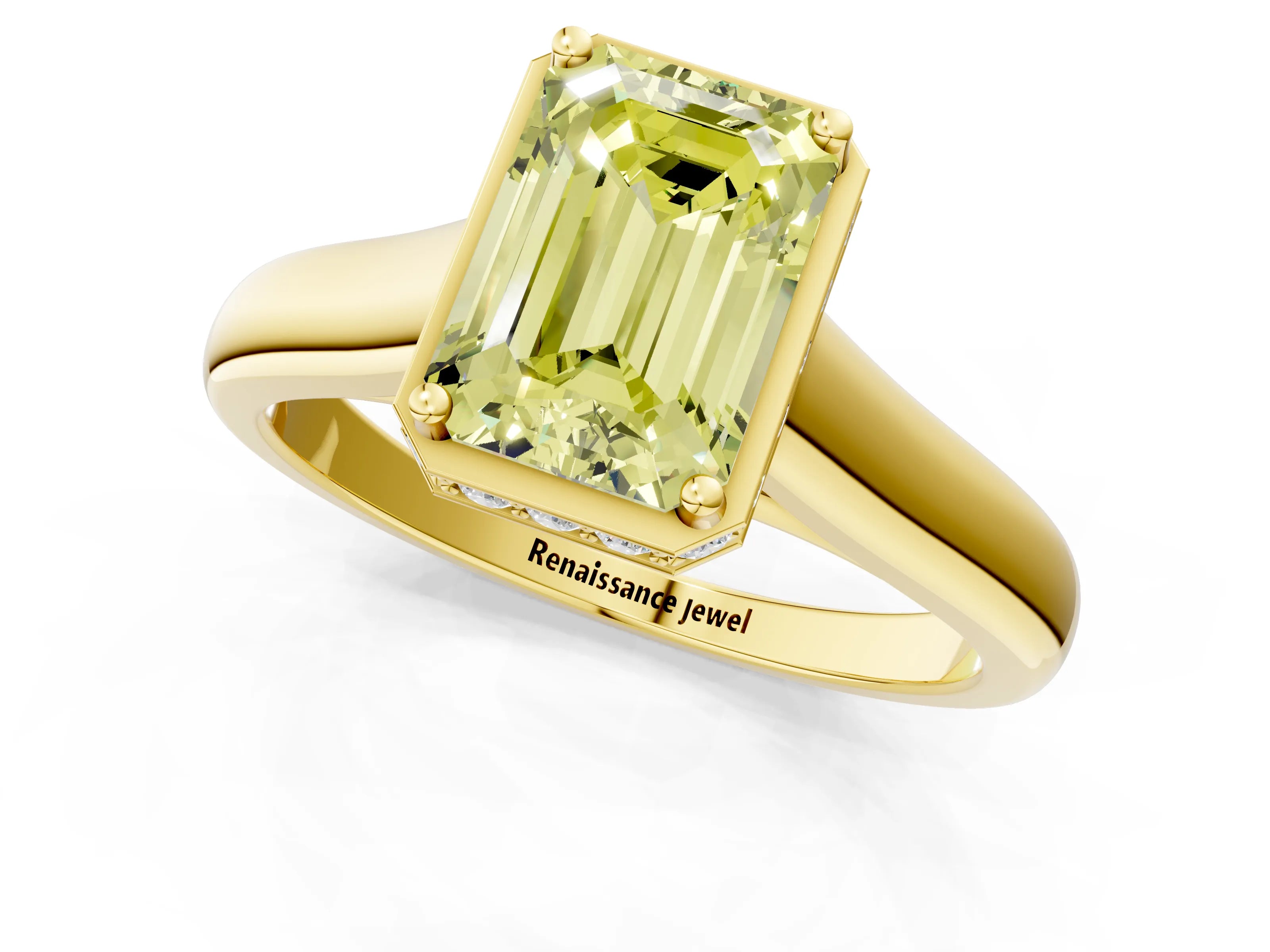 Yellow gold Fancy Yellow Emerald Cut Solitaire Diamond Engagement Ring with Four-Prong Setting and Tapered Band_1