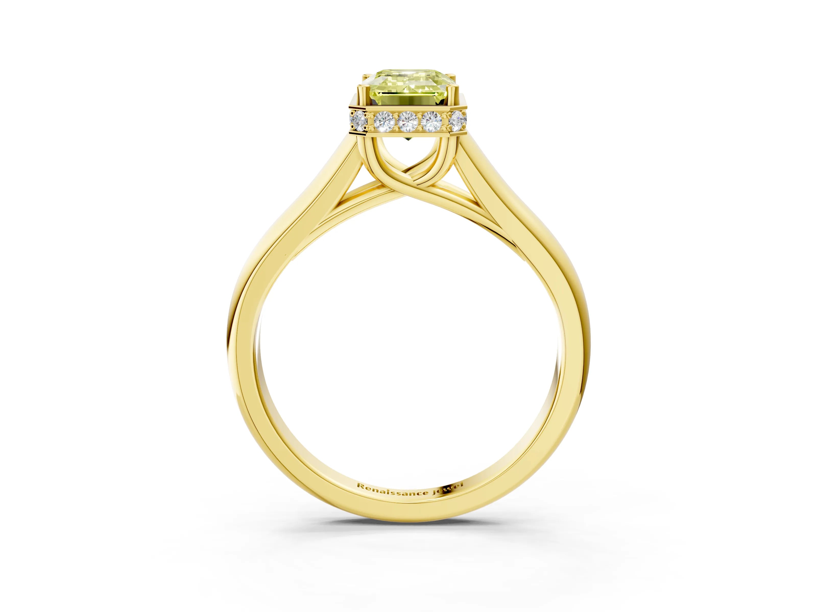 Yellow gold Fancy Yellow Emerald Cut Solitaire Diamond Engagement Ring with Four-Prong Setting and Tapered Band_3