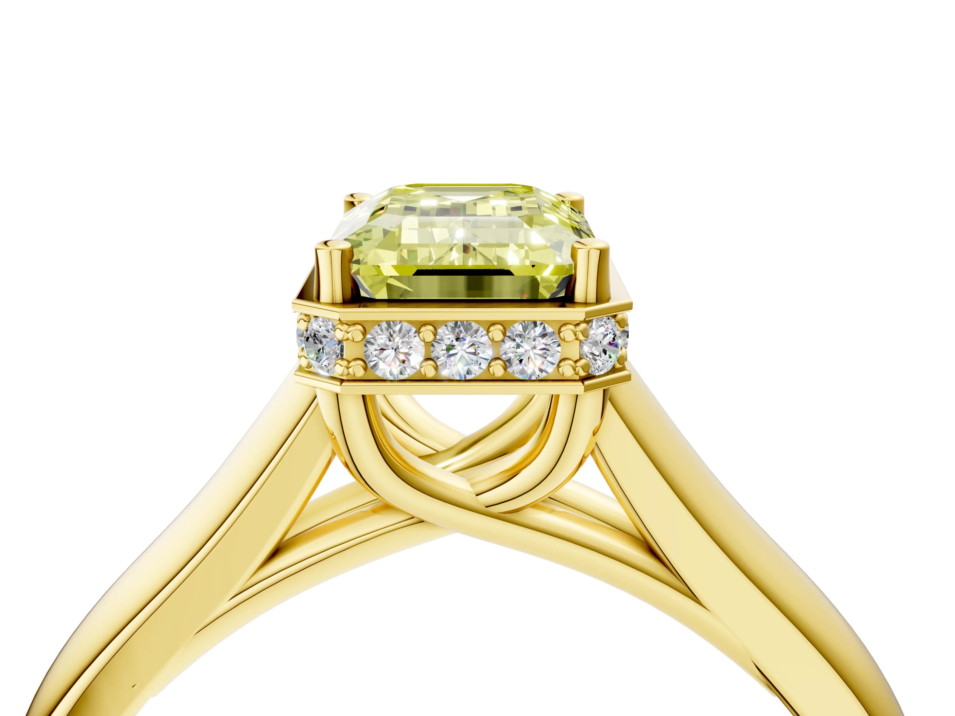 Yellow gold Fancy Yellow Emerald Cut Solitaire Diamond Engagement Ring with Four-Prong Setting and Tapered Band_4