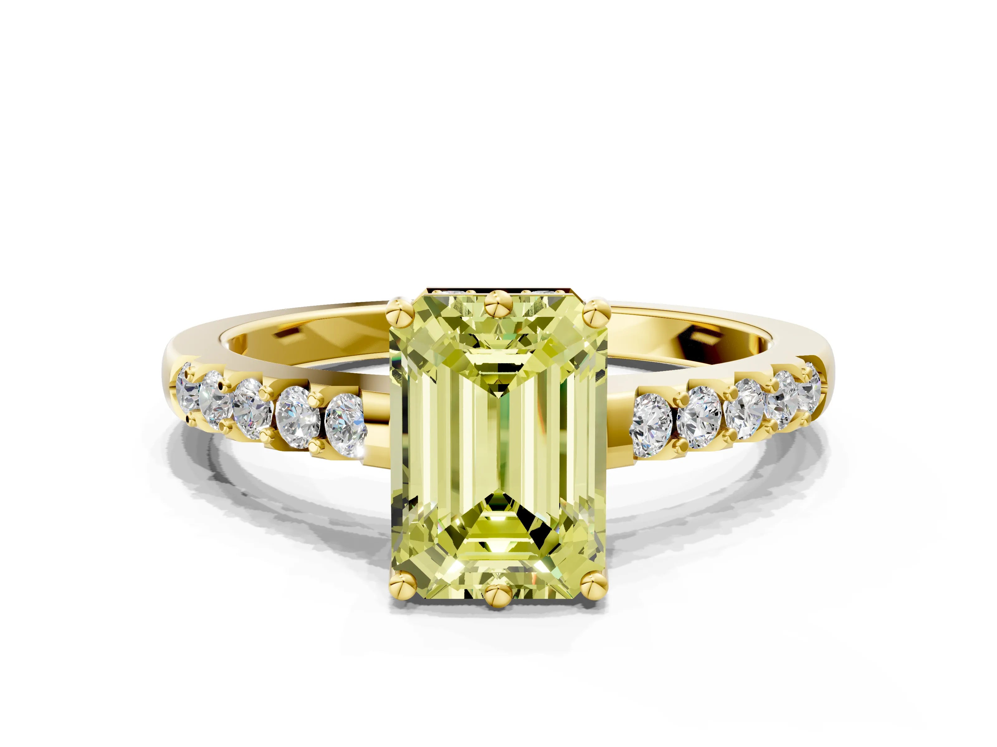 Yellow gold Fancy Yellow Emerald Cut Solitaire Diamond Engagement Ring with Pavé Band and Six-Prong Setting_12