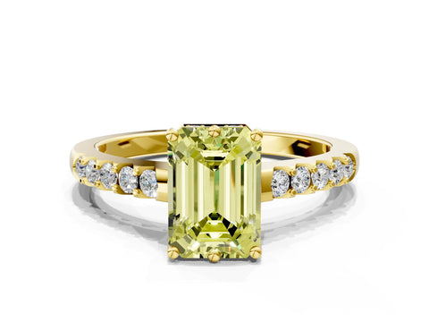 Yellow gold Fancy Yellow Emerald Cut Solitaire Diamond Engagement Ring with Pavé Band and Six-Prong Setting_12