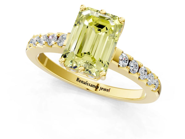 Yellow gold Fancy Yellow Emerald Cut Solitaire Diamond Engagement Ring with Pavé Band and Six-Prong Setting