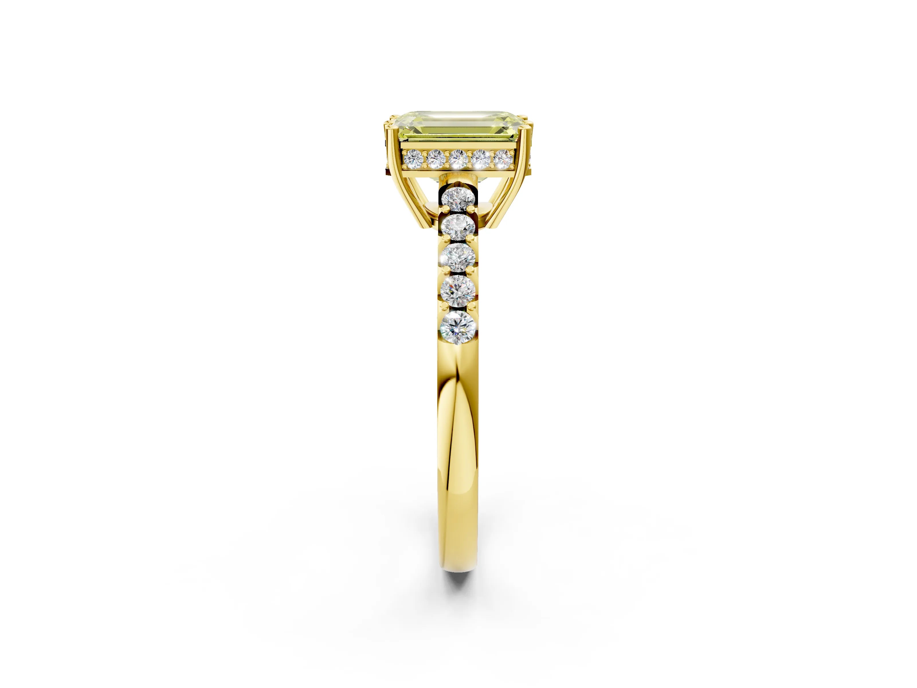 Yellow gold Fancy Yellow Emerald Cut Solitaire Diamond Engagement Ring with Pavé Band and Six-Prong Setting_14