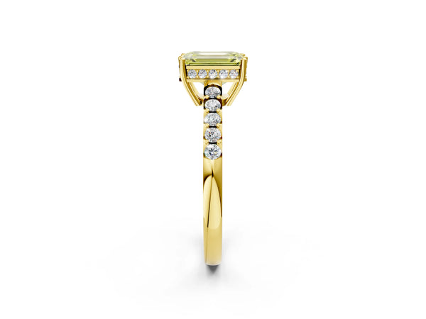 Yellow gold Fancy Yellow Emerald Cut Solitaire Diamond Engagement Ring with Pavé Band and Six-Prong Setting