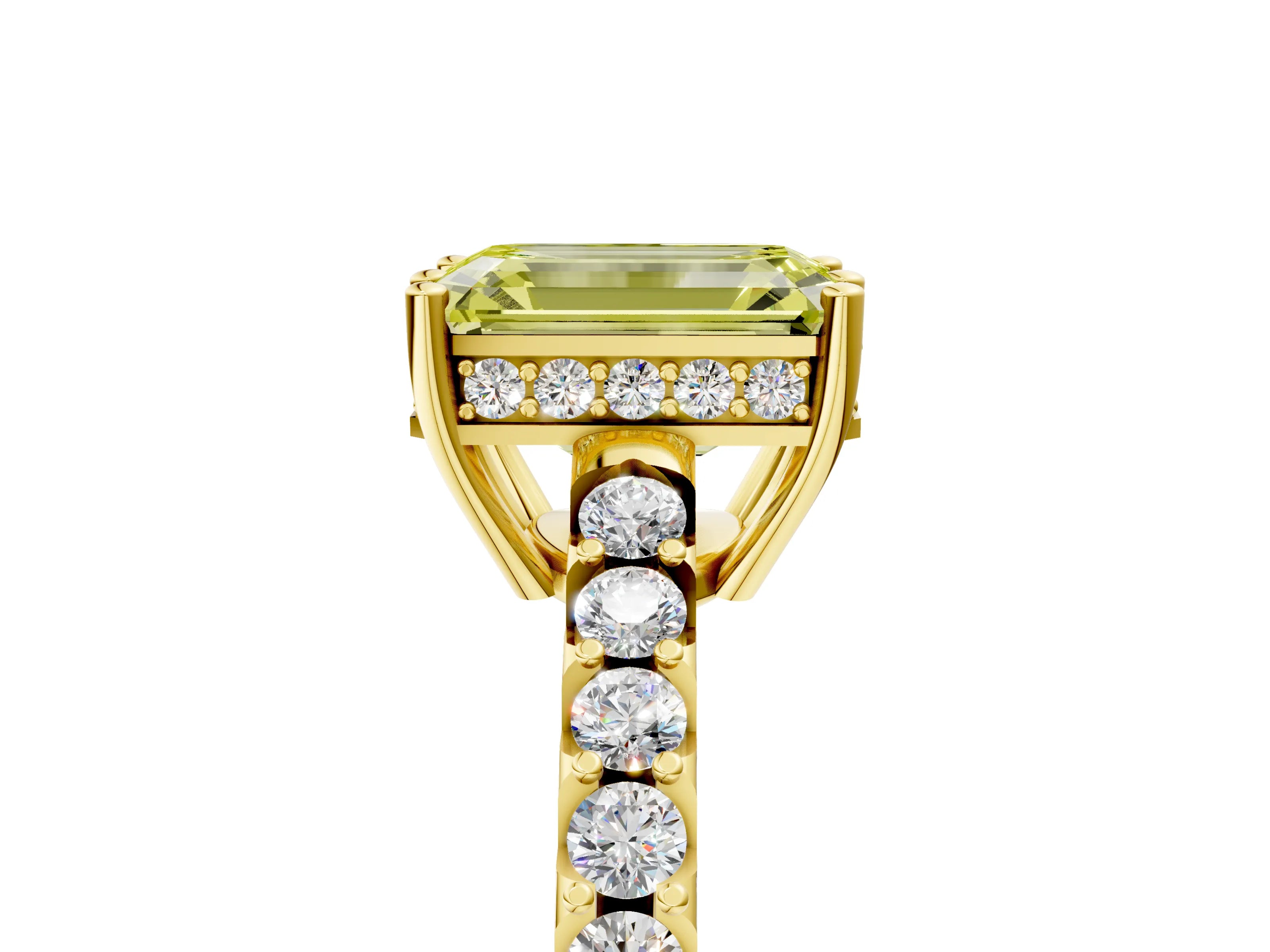 Yellow gold Fancy Yellow Emerald Cut Solitaire Diamond Engagement Ring with Pavé Band and Six-Prong Setting_17