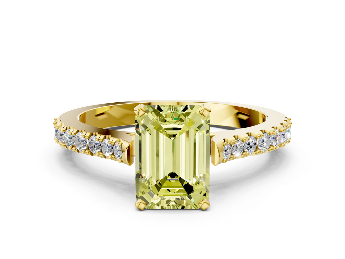Yellow gold Fancy Yellow Emerald  Cut Solitaire Diamond Engagement Ring with Pave Band and Four-Prong Setting_163
