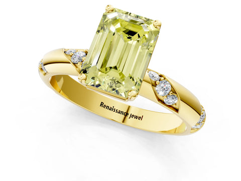 Yellow gold Fancy Yellow Emerald Cut Solitaire Diamond Engagement Ring with Twisted Pave Band and Four-Prong Setting_4