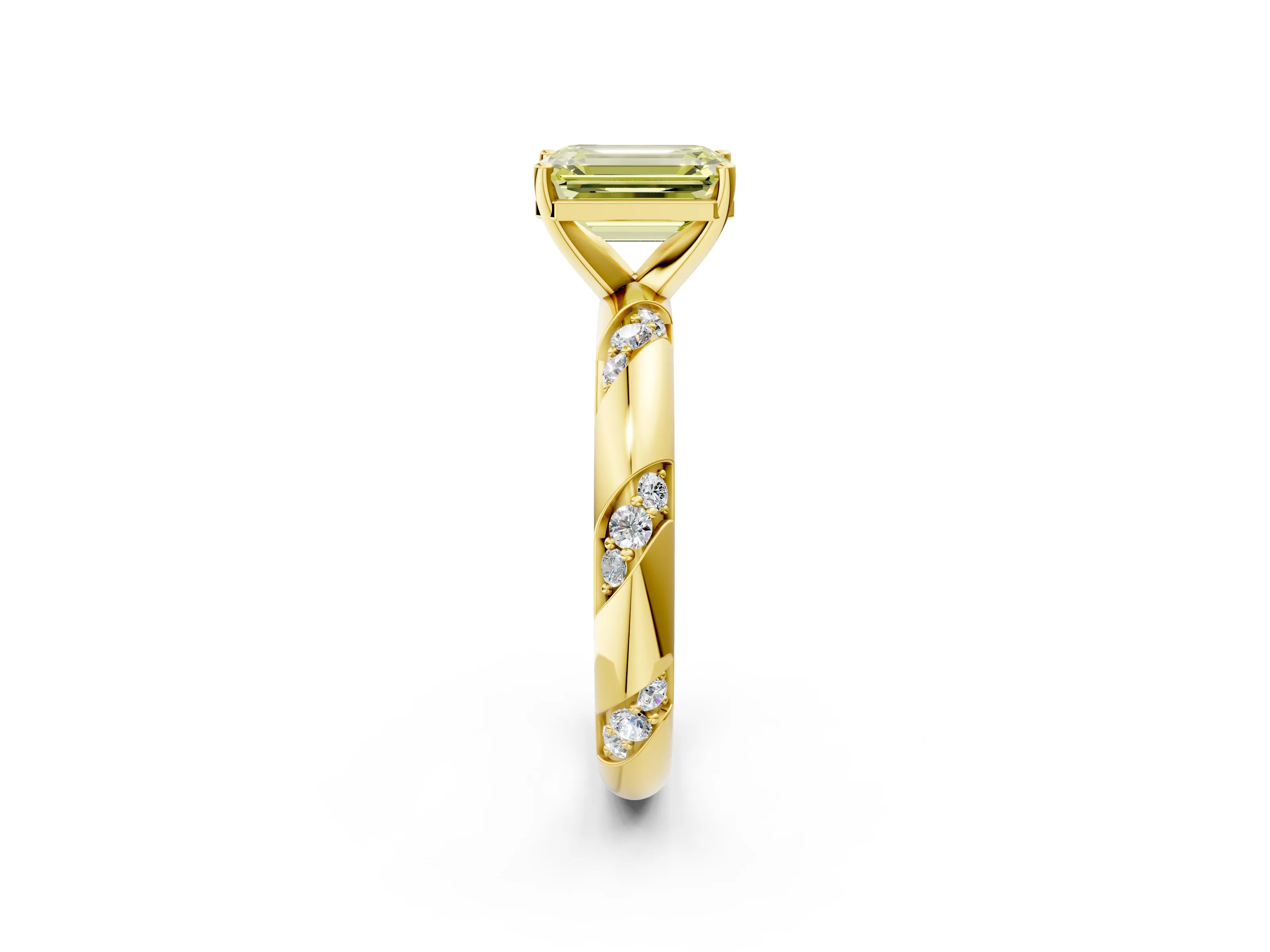 Yellow gold Fancy Yellow Emerald Cut Solitaire Diamond Engagement Ring with Twisted Pave Band and Four-Prong Setting_5