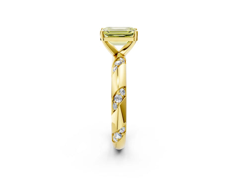 Yellow gold Fancy Yellow Emerald Cut Solitaire Diamond Engagement Ring with Twisted Pave Band and Four-Prong Setting_5