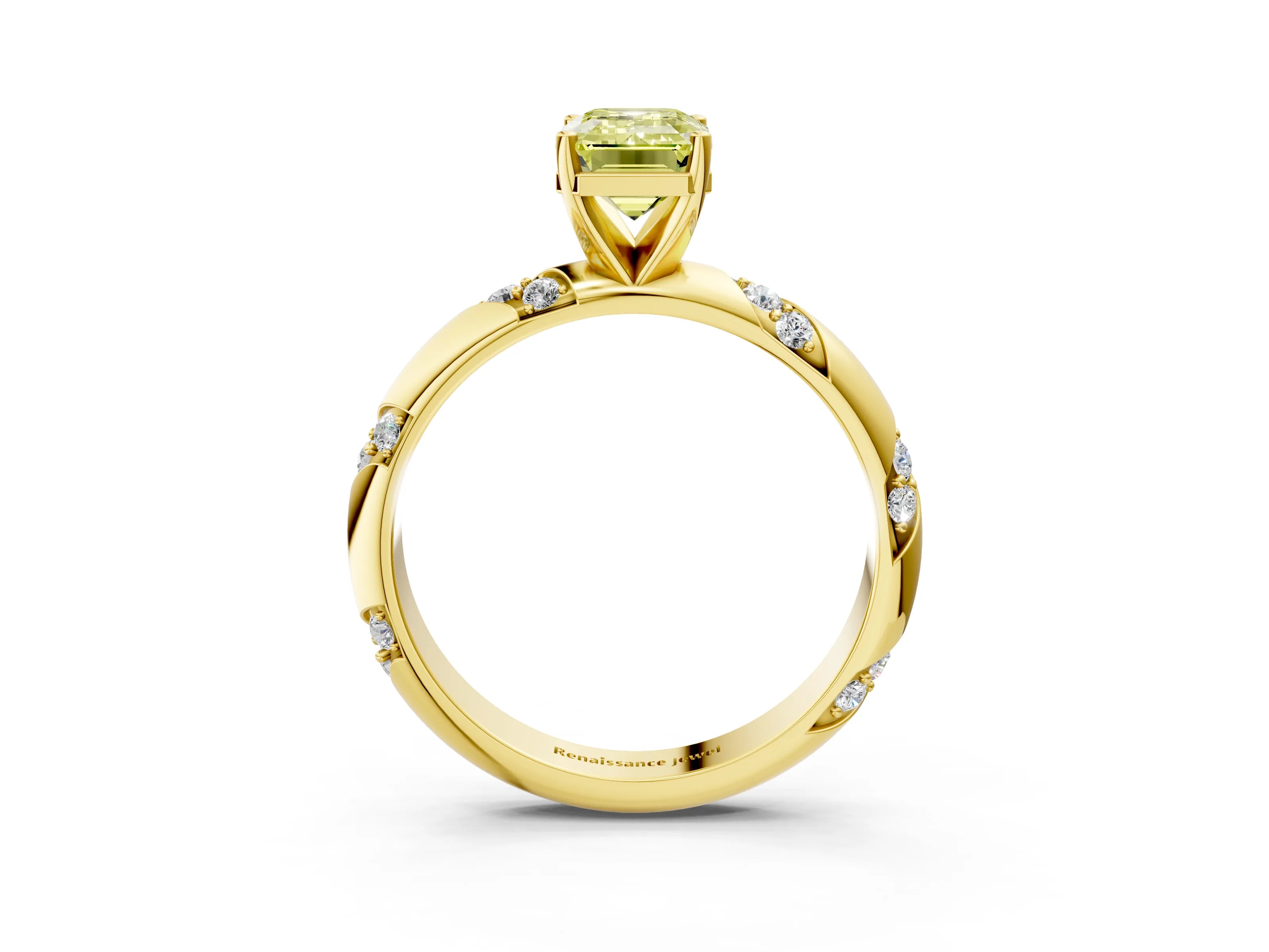 Yellow gold Fancy Yellow Emerald Cut Solitaire Diamond Engagement Ring with Twisted Pave Band and Four-Prong Setting_6