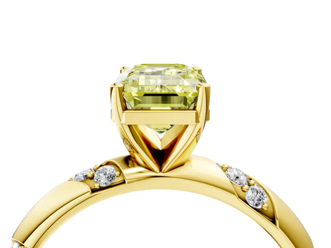 Yellow gold Fancy Yellow Emerald Cut Solitaire Diamond Engagement Ring with Twisted Pave Band and Four-Prong Setting_7