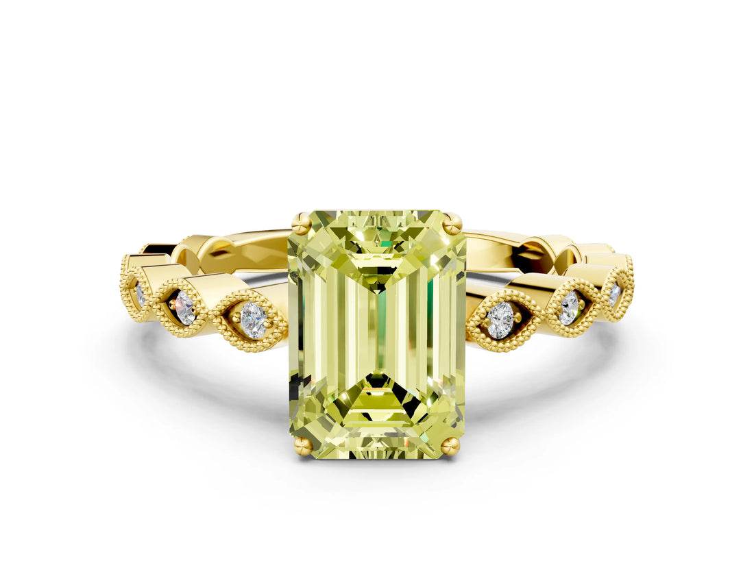 Yellow gold Fancy Yellow Emerald Cut Solitaire Diamond Ring with Infinity Twist Band and Four-Prong Setting