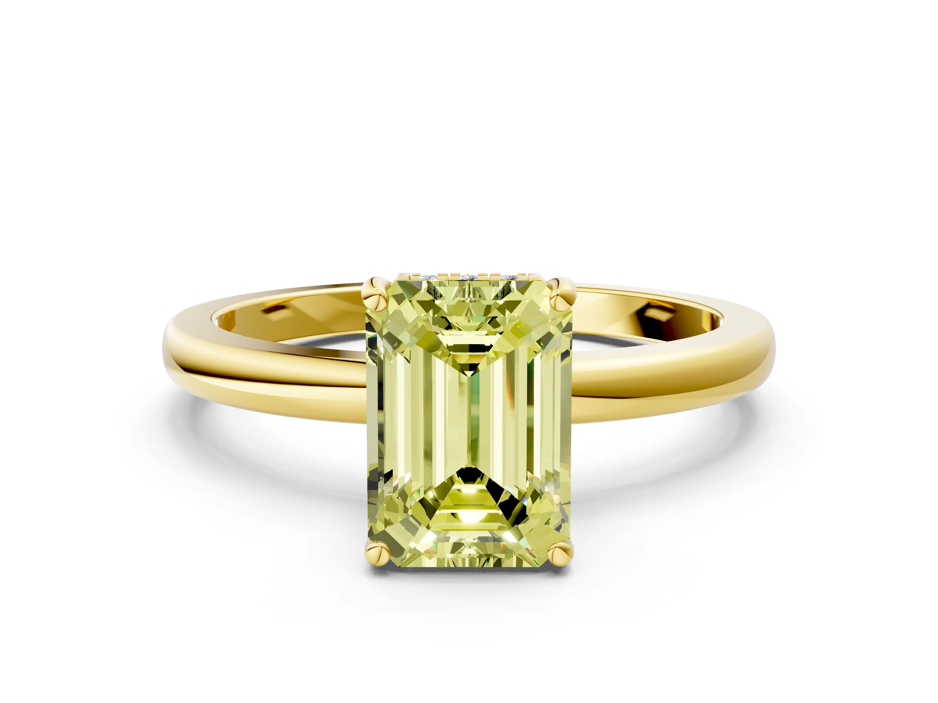 Yellow gold Fancy Yellow Emerald Cut Solitaire Diamond Ring with Prong Setting and Plain Band