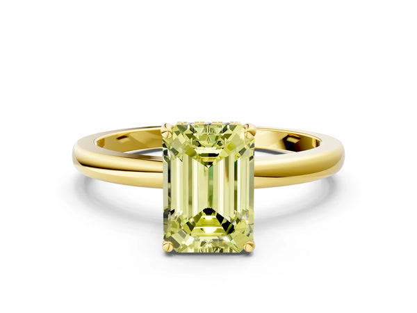 Yellow gold Fancy Yellow Emerald Cut Solitaire Diamond Ring with Prong Setting and Plain Band