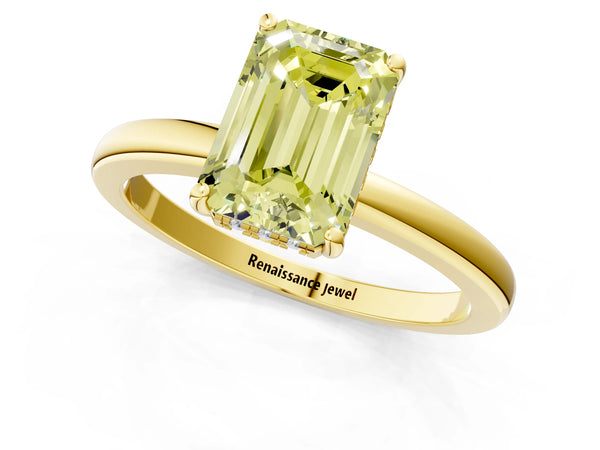 Yellow gold Fancy Yellow Emerald Cut Solitaire Diamond Ring with Prong Setting and Plain Band