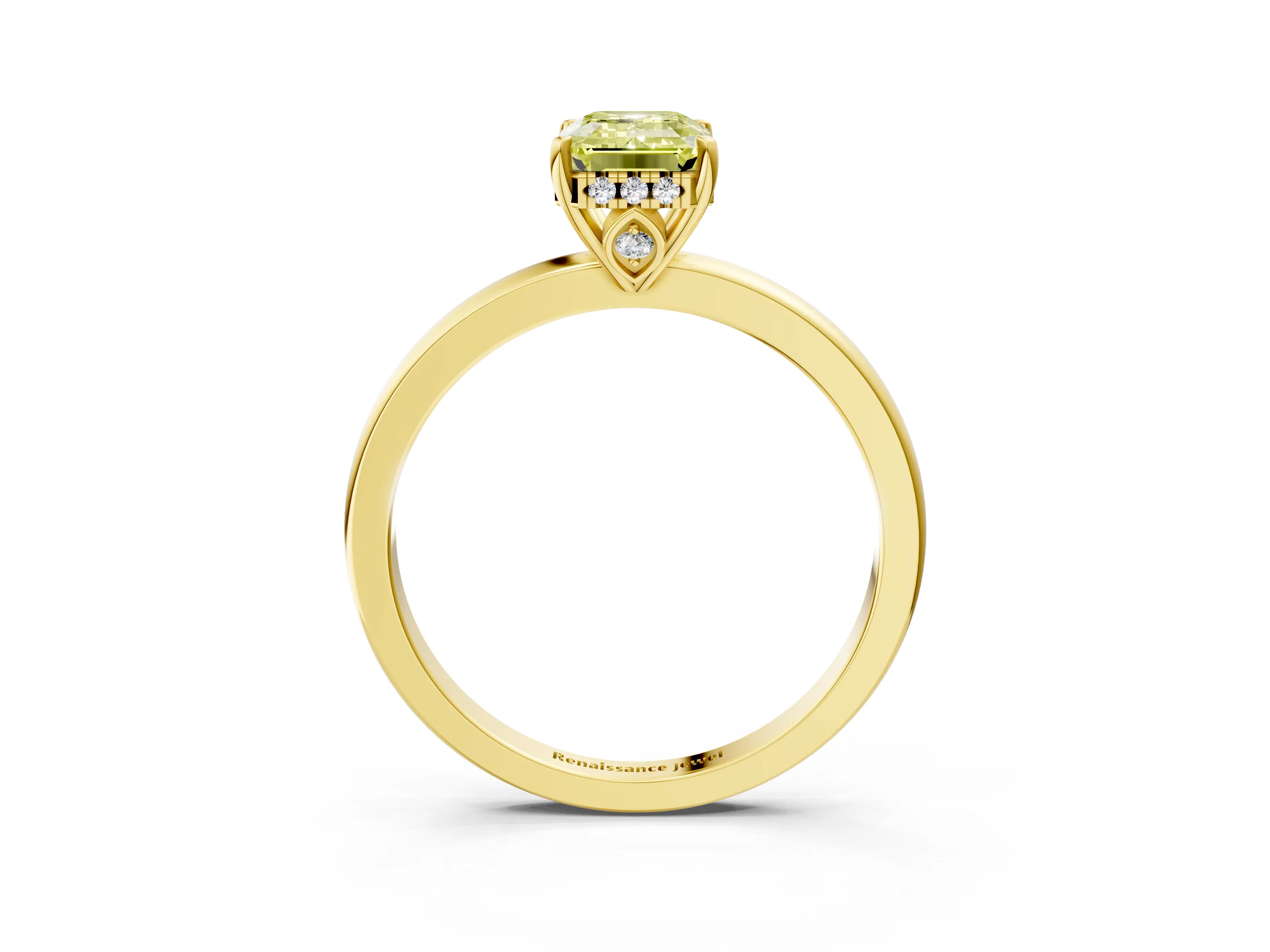 Yellow gold Fancy Yellow Emerald Cut Solitaire Diamond Ring with Prong Setting and Plain Band_3