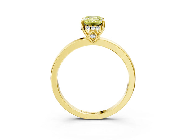Yellow gold Fancy Yellow Emerald Cut Solitaire Diamond Ring with Prong Setting and Plain Band