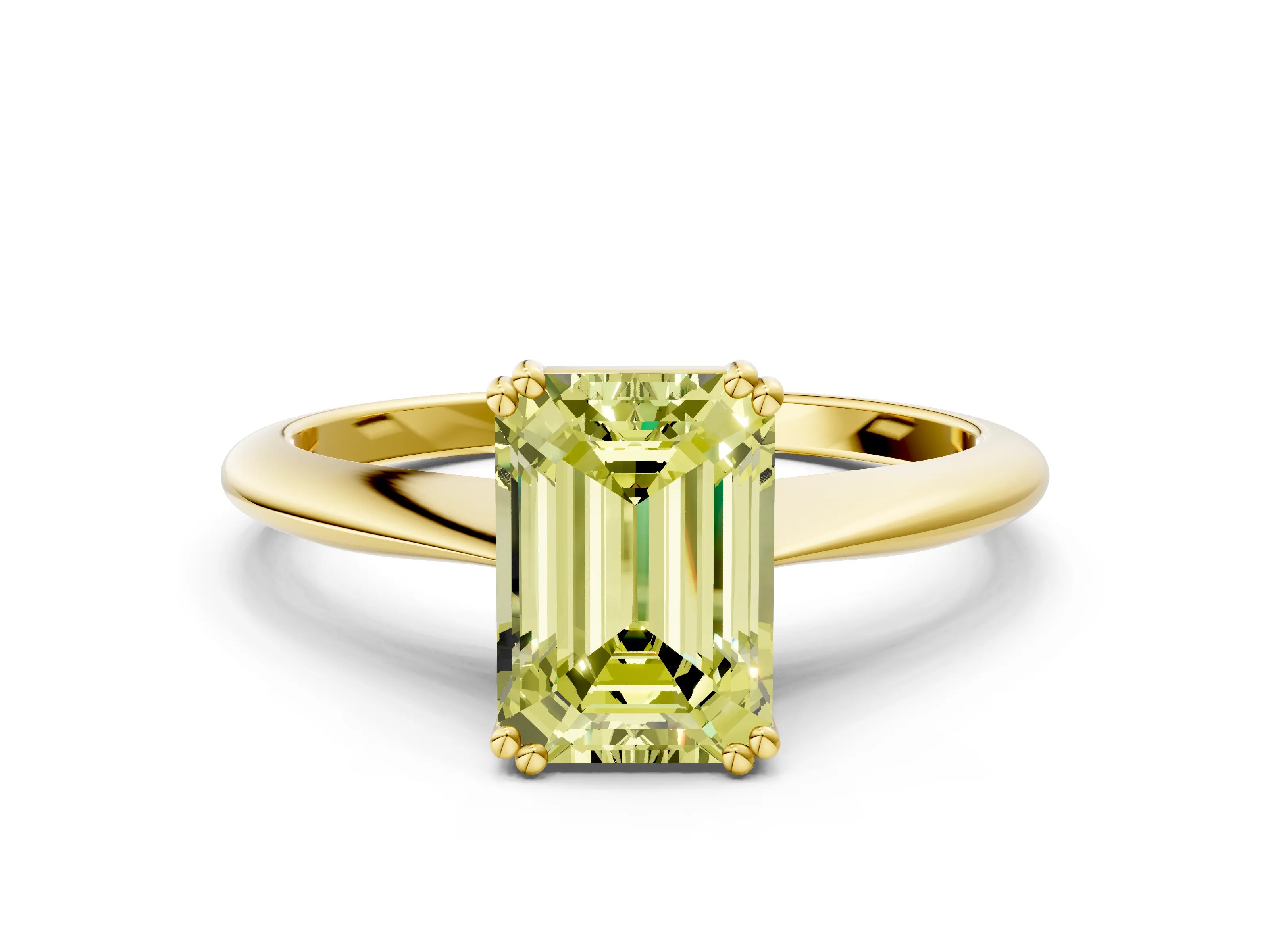 Yellow gold Fancy Yellow Emerald Cut Solitaire Diamond Ring with Six-Prong Setting and Classic Band