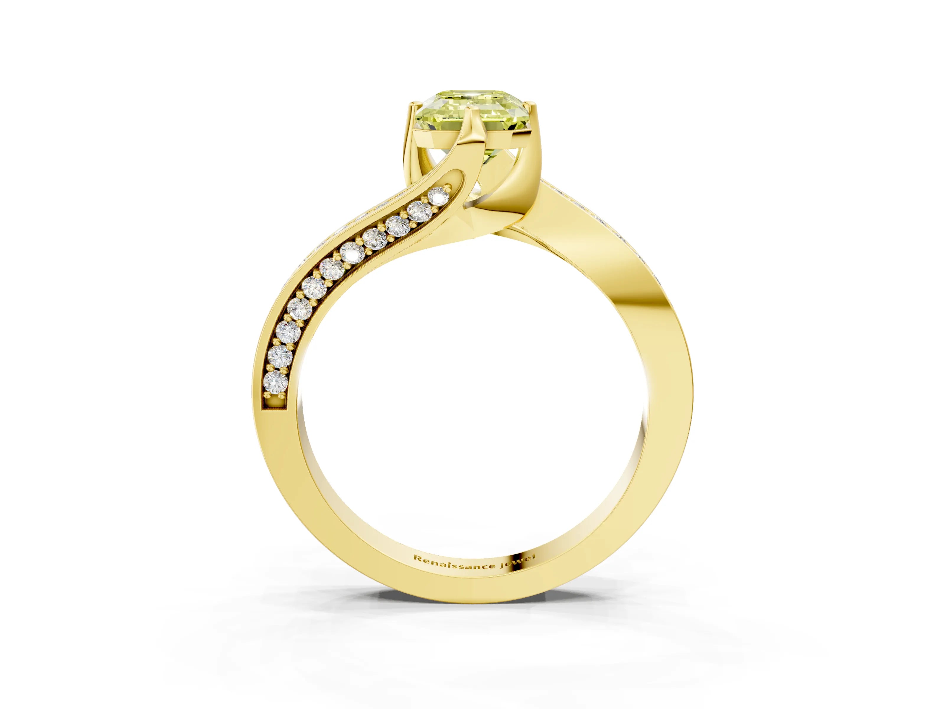 Yellow gold Fancy Yellow Emerald Cut Solitaire Diamond Twist Band with Pavé Setting and Four-Prong Setting_3