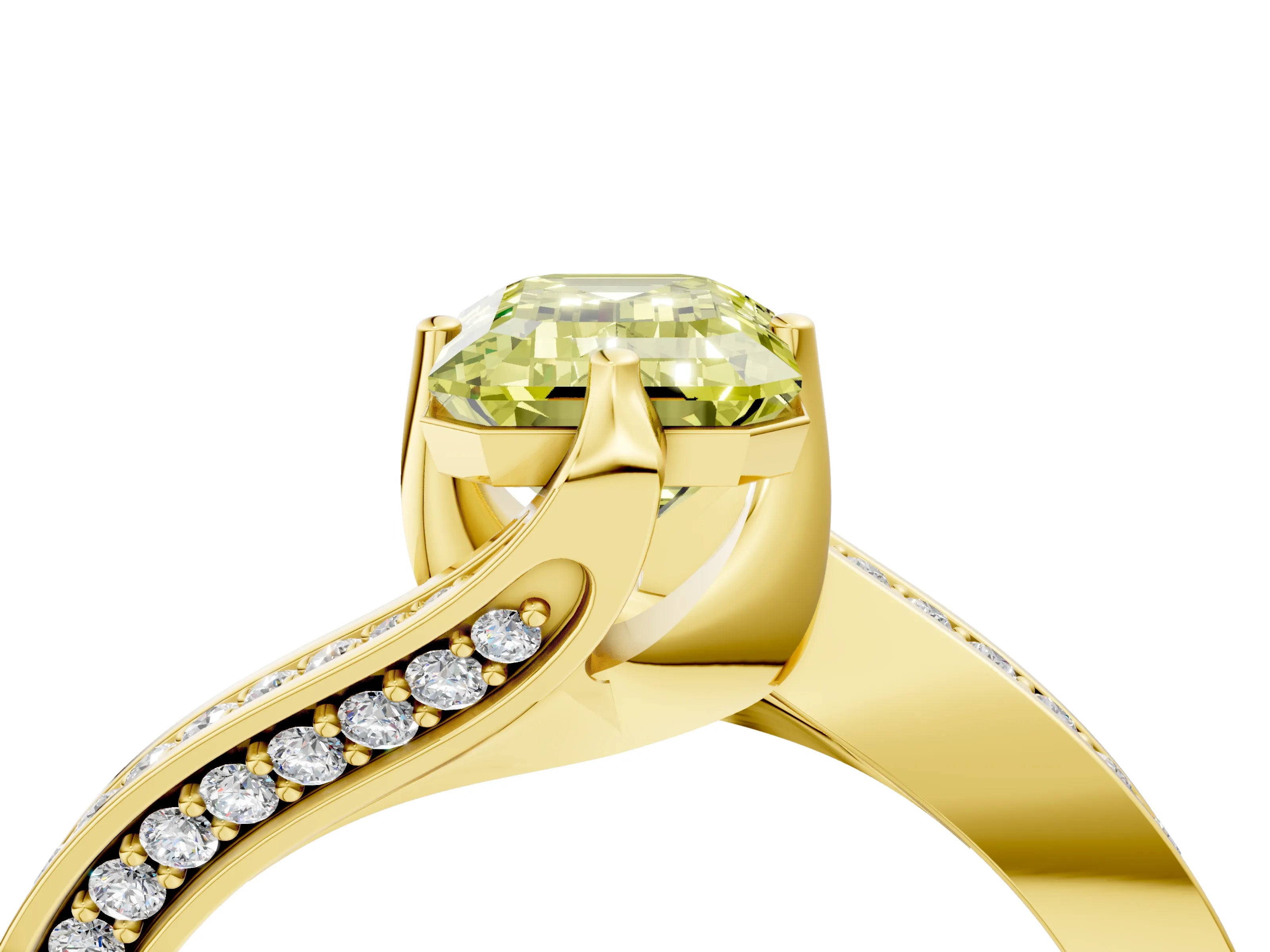 Yellow gold Fancy Yellow Emerald Cut Solitaire Diamond Twist Band with Pavé Setting and Four-Prong Setting_4