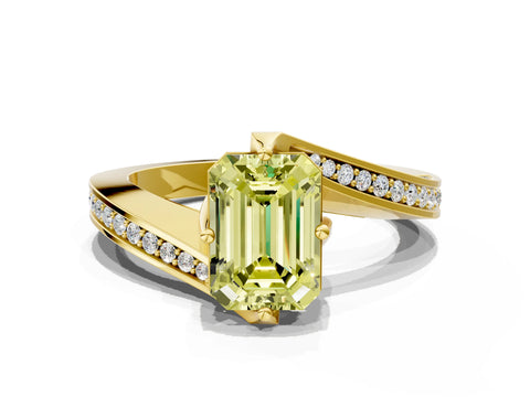 Yellow gold Fancy Yellow Emerald Cut Solitaire Diamond Twist Band with Pavé Setting and Four-Prong Setting
