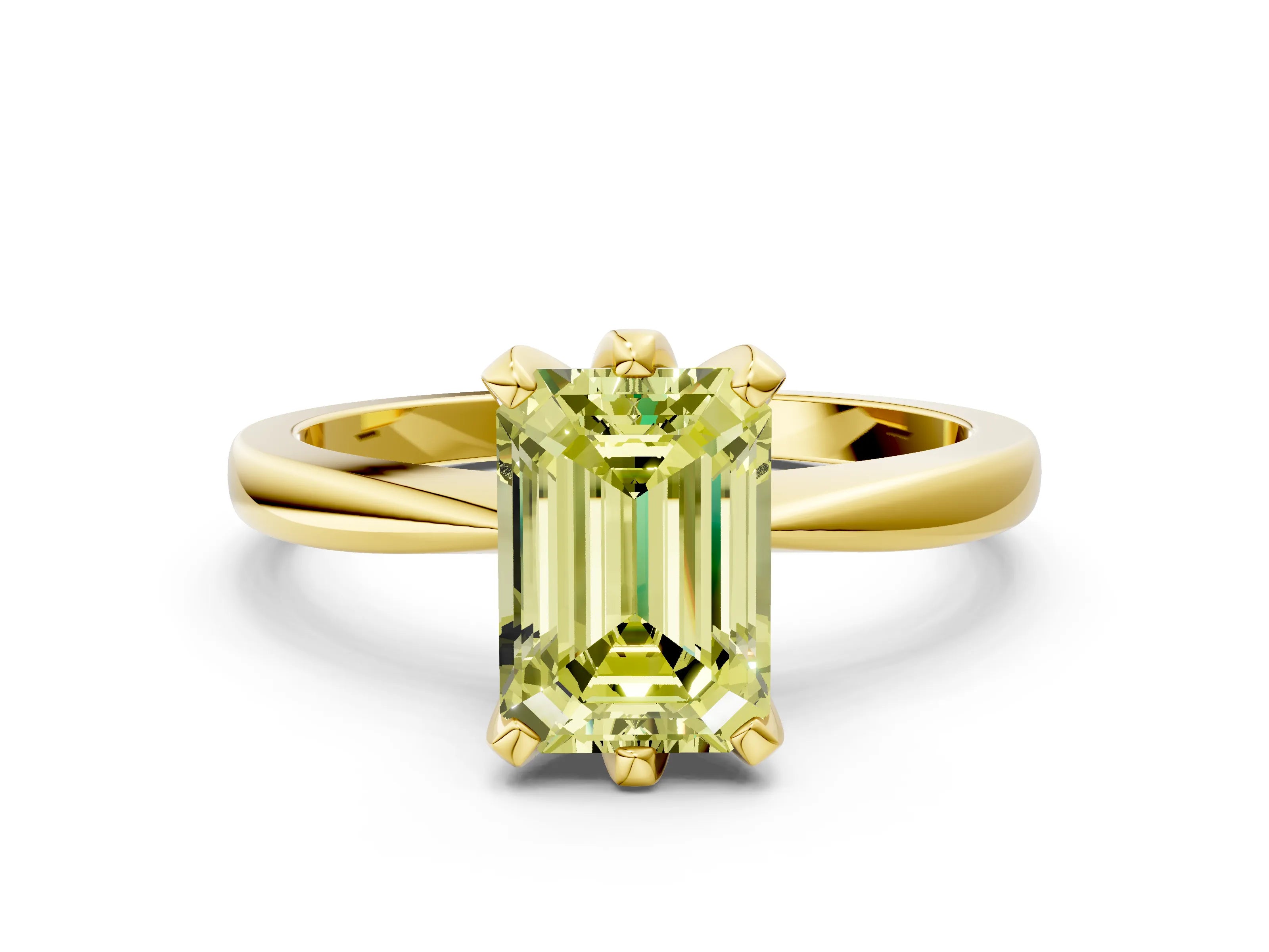 Yellow gold Fancy Yellow Emerald Cut Solitaire Engagement Ring with Six-Prong Setting and Tapered Band