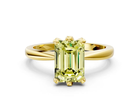 Yellow gold Fancy Yellow Emerald Cut Solitaire Engagement Ring with Six-Prong Setting and Tapered Band